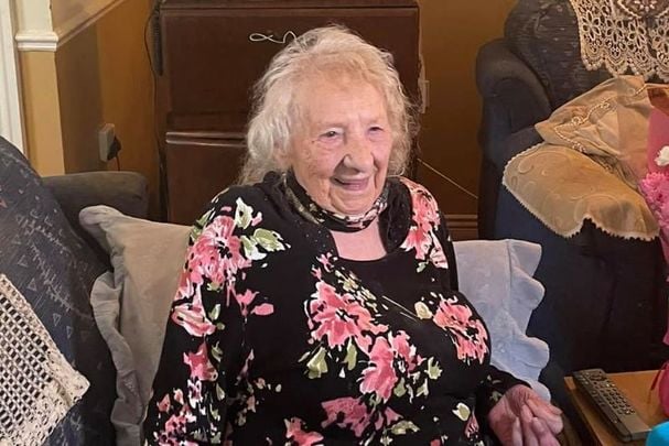 Mary Caffrey being interviewed by RTE News for her 100th birthday in Mulranny, Co Mayo.