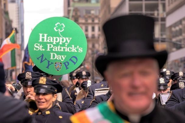 March 16, 2019: Hundreds of officers and service members gather for the 2019 annual St. Patrick\'s Day parade in New York City. The New York City St. Patrick\'s Day parade, dating back to 1762, is the world\'s largest St. Patrick\'s Day celebration.
