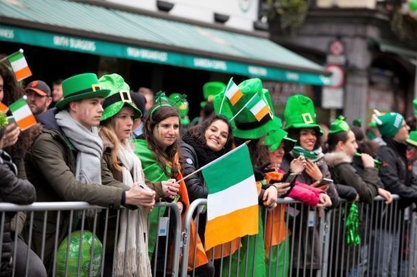 A St. Patrick\'s Day parade in Dublin before the COVID-19 pandemic. 