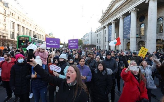 Protesters hold a rally at the General Post Office on O\'Connell Street. 