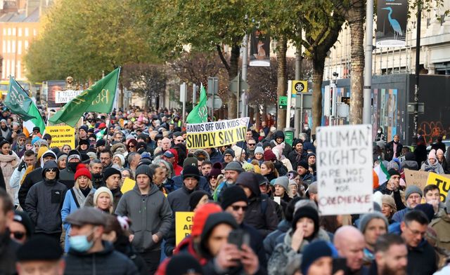 An anti-vaccine passport protest in Dublin, Nov 27, 2021.