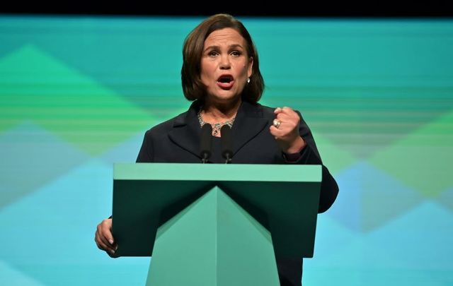 October 30, 2021: Sinn Féin leader Mary Lou McDonald delivers her speech to the audience as the Sinn Fein Ard Fheis party conference takes place at the Helix centre in Dublin, Ireland.