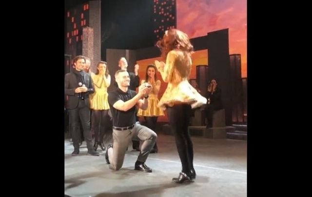 Irish dancer Owen Jones got down on one knee in front of his girlfriend Meadhbh Kennedy on stage after the finale routine of Riverdance.