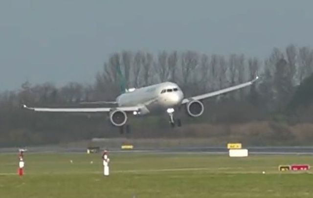 An Aer Lingus flight makes a bumpy landing at Dublin Airport during Storm Barra.
