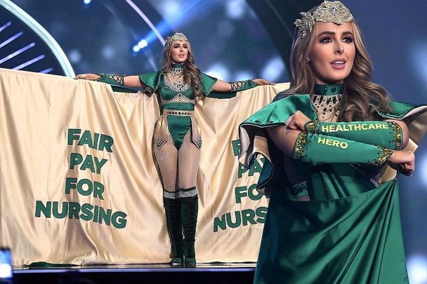 Miss Universe Ireland 2021 Katharine Walker, a Co Down nurse, calls for \"fair pay for nursing\" while on the Miss Universe stage.