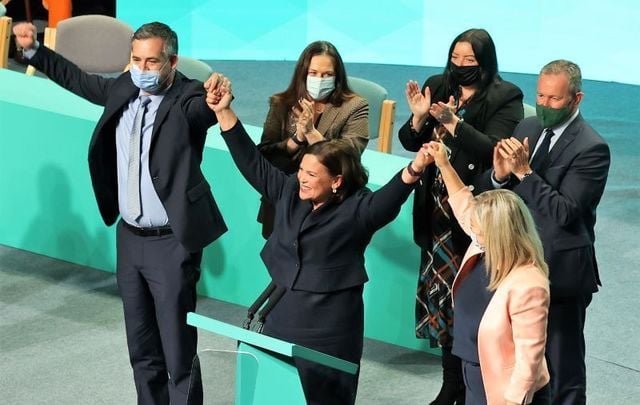 October 30, 2021: Sinn Féin President Mary Lou McDonald celebrating with her party colleagues Pearse Doherty, Michelle O\'Neill, and Louise O\'Reilly after speaking to delegates at the Sinn Féin Ard Fheis in Helix DCU Dublin