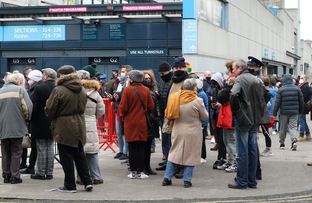 People line up for booster shots outside Croke Park in Dublin last week.