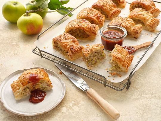 Christmas Bramley apple & cheddar sausage rolls recipe.