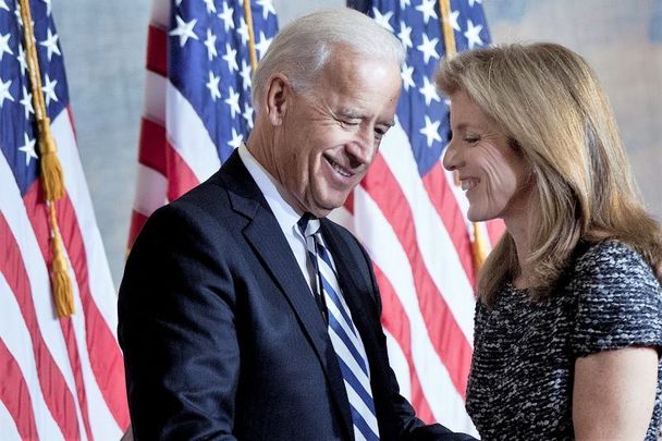 January 20, 2011: Caroline Kennedy thanks Vice President Joseph Biden after he spoke during an event to honor her father\'s inauguration on Capitol Hill in Washington, DC.