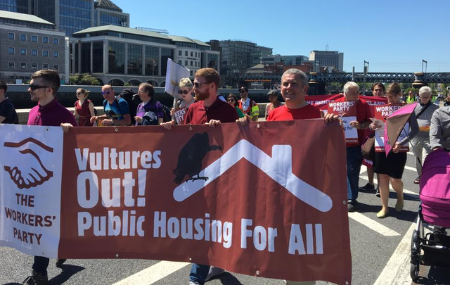 Irish public protest Ireland\' unaffordable housing prices.