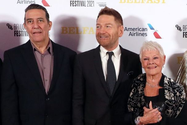 October 12, 2021: Ciarán Hinds, Kenneth Branagh, and Dame Judi Dench attend the \"Belfast\" European Premiere during the 65th BFI London Film Festival at The Royal Festival Hall in London, England.