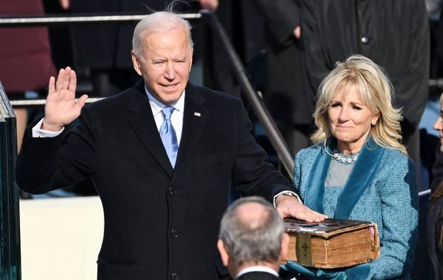 January 20, 2021: Joe Biden is sworn in as his wife Jill Biden holds the Bible during the 59th Presidential Inauguration at the U.S. Capitol in Washington, DC