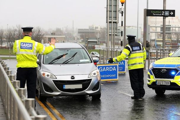 A garda (Irish police) COVID airport checkpoint in Dublin