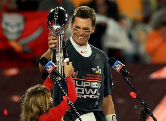 Tom Brady with the Vince Lombardi Trophy on Sunday night. 