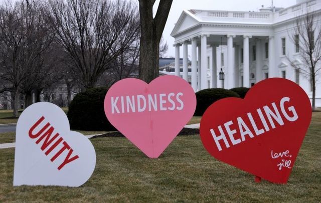 February 12, 2021: Heart-shape signs with Valentine messages, set up by the office of First Lady Jill Biden, on display on the North Lawn of the White House.