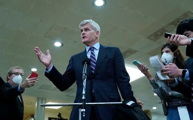 Bill Cassidy talks to reporters during Donald Trump\'s impeachment trial. 