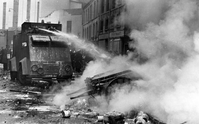 An RUC water cannon in action during the Bogside riots of the 1960s.