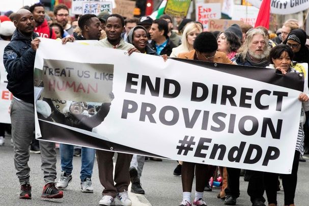 November 2017: Protesters on O\'Connell Street in Dublin during the national demonstration calling for the end to the Direct Provision System for refugees in Ireland.