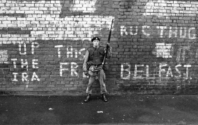 March 24, 1971: An armed British soldier on patrol in Belfast.