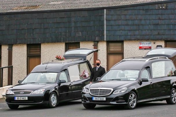 March 4, 2021: Hearses parked outside the funerals of Willie and Patrick Hennessy in Mitchelstown, Cork.