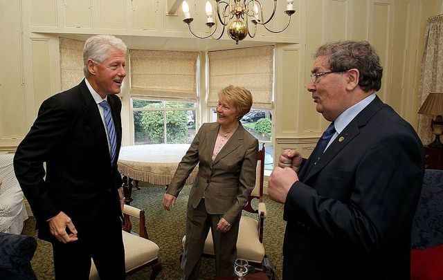 September 29, 2010: Former US President Bill Clinton greets John Hume former leader of the SDLP and his wife Pat in the Beech Hill Hotel in Derry, Northern Ireland.