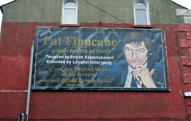 A mural featuring the murdered solicitor Pat Finucane on the Falls Road area in Belfast.