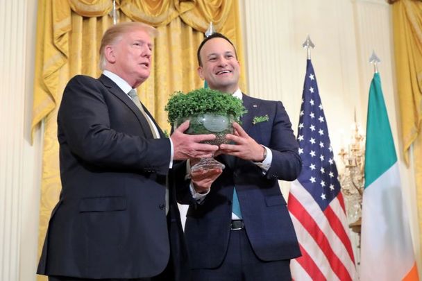 March 14, 2018: Taoiseach Leo Varadkar presents President Donald Trump with a traditional bowl of shamrocks for St. Patrick\'s Day. 