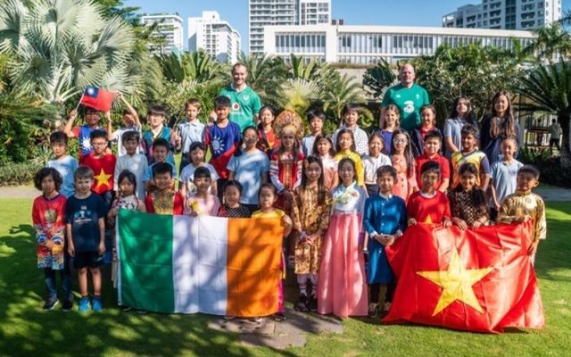 Students at a school in Vietnam that took part in the Gaelic Green Tongue project. 