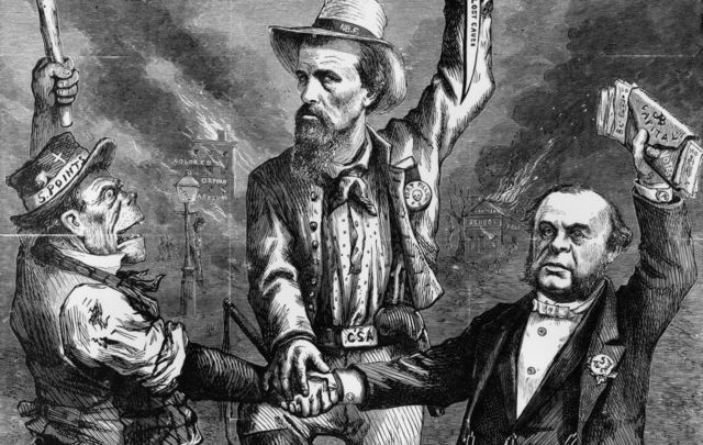 1867: An illustration by Thomas Nast, satirizing reconstruction in the southern states as a conspiracy between Irish immigrants, who were often members of gangs like the Five Pointers in New York, who solidly voted Democratic and Confederate veterans and rich businessmen who combined to prevent black Union veterans from voting. 