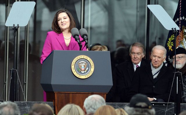 Victoria Reggie Kennedy speaks as U.S. President Barack Obama (L), U.S. Senator Edward Markey (D-MA), and U.S. Vice President Joe Biden listen during the Edward M. Kennedy Institute Dedication Ceremony March 30, 2015 in Boston, Massachusetts. 