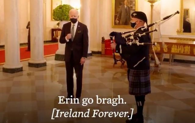 President Joe Biden was treated to a performance of \"The Minstrel Boy\" on the bagpipes at the White House on St. Patrick\'s Day 2021.