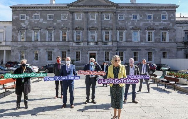 March 23, 2021: A coalition of TDs outside Leinster House call on the Irish government to ensure churches are open for Easter services.