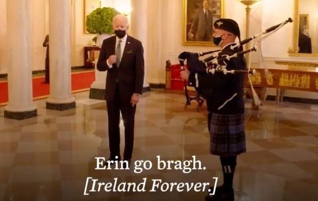 March 17, 2021: President Joe Biden was treated to a bagpipe performance of \'The Minstrel Boy\' at the White House on St. Patrick\'s Day.