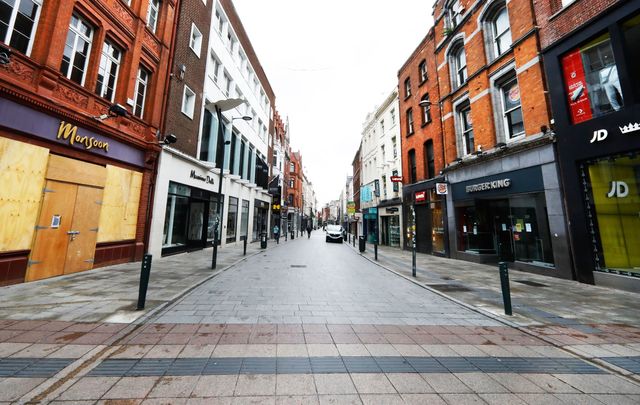 The center of retail in Dublin\'s city centre, an empty Grafton Street, during COVID lockdown.