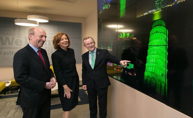 Minister Shane Ross; Joan O’Shaughnessy, Chairman of Tourism Ireland; and Niall Gibbons, CEO of Tourism Ireland, at the launch of Tourism Ireland’s Global Greening initiative 2019.