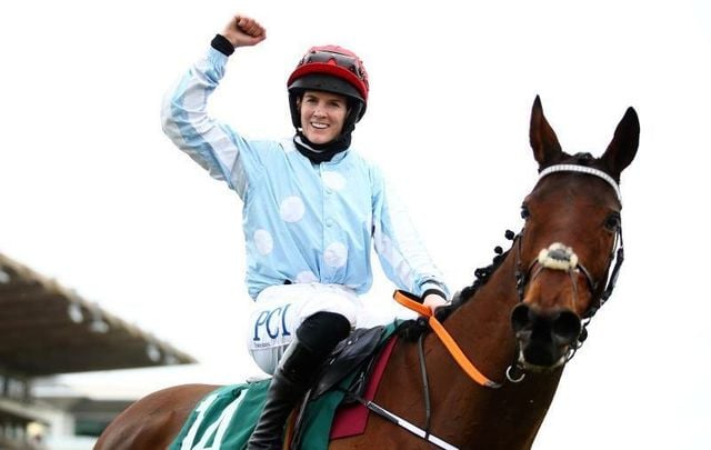 March 18, 2021: Rachael Blackmore celebrates after riding Telmesomethinggirl to win the Parnell Properties Mares\' Novices\' Hurdle (Grade 2) during Day Three of the Cheltenham Festival 2021 at Cheltenham Racecourse on in Cheltenham, England. 