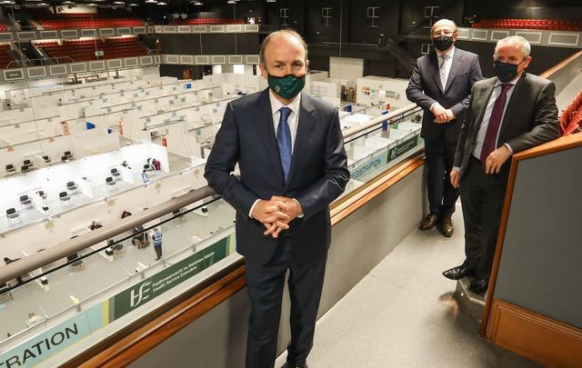 April 7, 2021: Taoiseach Micheal Martin, Phil O’Neill Chief Operations Officer HSE, and HSE CEO Paul Reid as the Taoiseach visited the HSE Covid-19 Vaccination Centre in the Citywest Conference Centre in Dublin