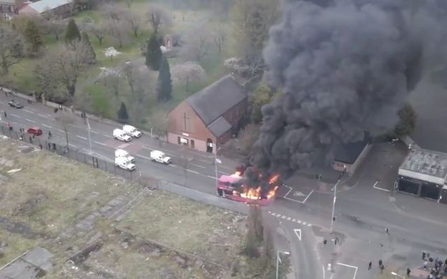 A Belfast bus burns during loyalist riots on Wednesday. 