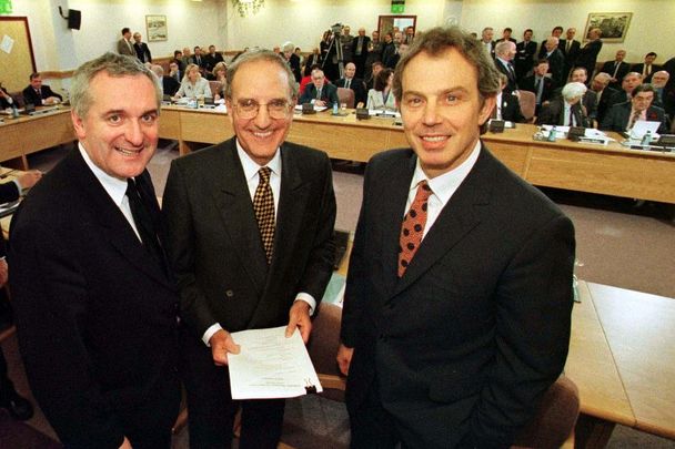 April 10, 1998: Taoiseach Bertie Ahern, US Senator George Mitchell, and British Prime Minister Tony Blair at Castle Buildings after they signed the peace agreenment that will allow the people of Northern Ireland to decide their future.