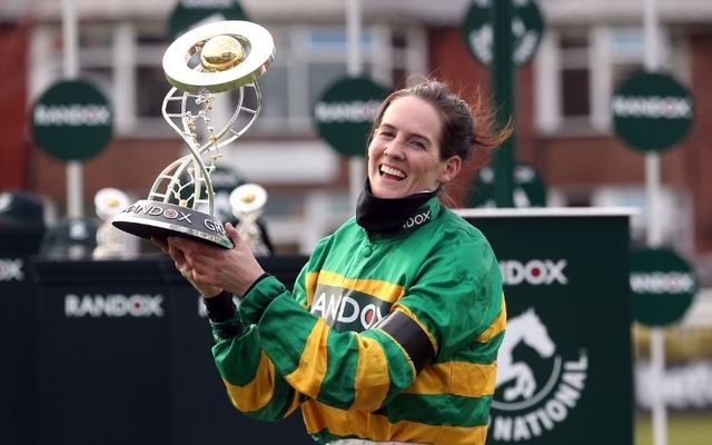 Rachael Blackmore celebrates after winning the Aintree Grand National on Saturday. 