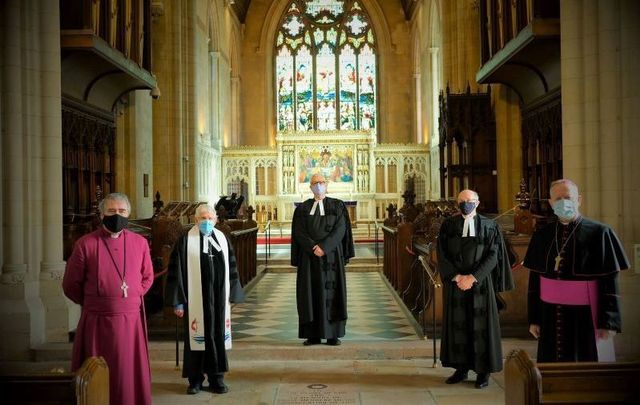 The Church Leaders pictured at their recent meeting in St Patrick’s Church of Ireland Cathedral, Armagh.  From left: Archbishop John McDowell; the Revd Tom McKnight; the Rt Revd Dr David Bruce; the Very Revd Dr Ivan Patterson; and Archbishop Eamon Martin.