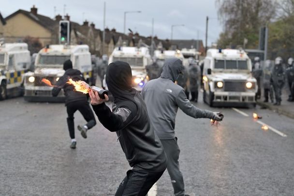 April 8, 2021: Disorder on the Springfield Road just up from Peace Wall interface gates which divide the nationalist and loyalist communities in Belfast, Northern Ireland.