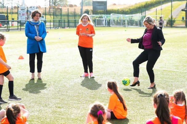 April 22, 2021: Arlene Foster and Michelle O\'Neill meet with young players from Mid Ulster Ladies Football Club ahead of relaxations coming into effect on April 23.