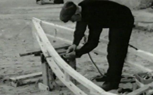 Master Michael Conneely making his currach off the Aran Islands. Part of the National Museum of Ireland\'s exhibition \"Making a currach - Michael Conneely.\"
