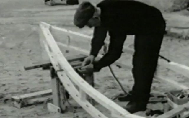 Master Michael Conneely making his currach off the Aran Islands. Part of the National Museum of Ireland\'s exhibition \"Making a currach - Michael Conneely.\"