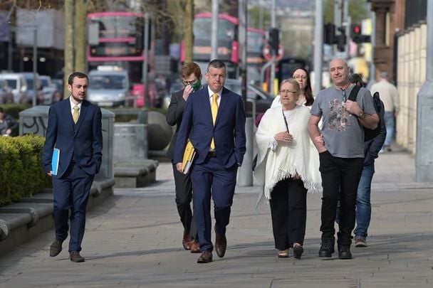 April 26, 2021: Joe McCann\'s family members and their legal team arrive as the trial begins of two former British paratroopers charged with the murder of Official IRA man Joe McCann at Belfast Laganside Courts in Belfast, Northern Ireland. The trial is expected to last for four weeks.