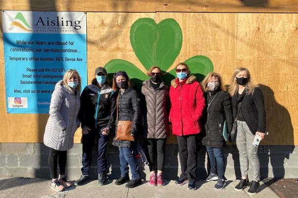 Grateful Giver team members outside of the Aisling Irish Center on McLean Avenue in Yonkers, NY.