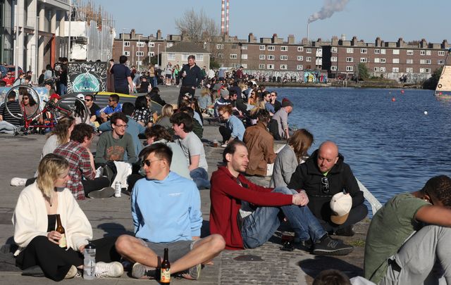 April 24, 2021: Crowds of people in the afternoon sunshine in Dublin\'s Grand Canal Dock as the country waits to hear the Government\'s plans next week for the hoped-for summer relaxation of Covid-19 Level 5 restrictions.
