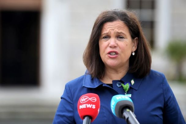 April 9, 2021: Sinn Féin President Mary Lou McDonald speaking on the Plinth outside Leinster House in Dublin.