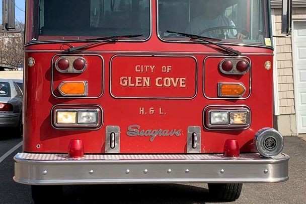 The Glen Cove Volunteer Fire Department\'s Seagrave Tiller before it was transported to Dublin, Ireland.